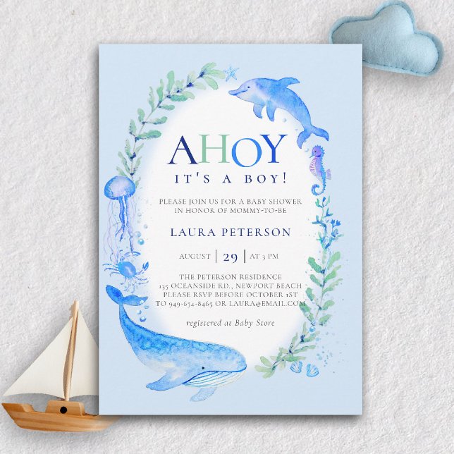 Invitation Ahoy Sea Animals Nautical Blue Boy Baby shower (nautical baby boy shower invitation ahoy under the sea whale dolphin blue watercolor modern cute)