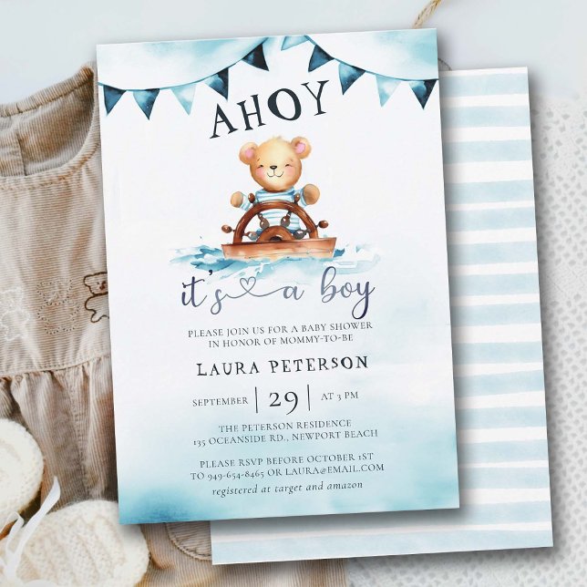 Invitation Ahoy Teddy Bear Waves Boat Helm Boy Baby shower (ahoy its a boy baby shower invitation teddy bear captain sailor boat helm nautical beach coastal)