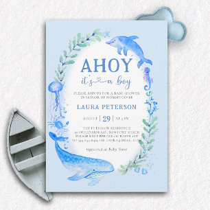 Invitation Ahoy Whale Dolphin Sea Baby shower nautique