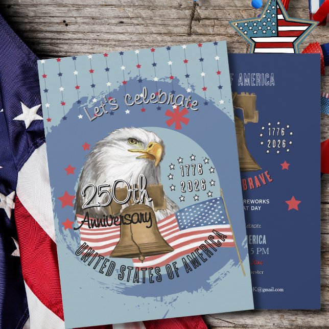 Invitation Aigle et Liberté US 250e anniversaire Bleu (Vintage Eagle & Liberty Bell USA 250th Anniversary Invitation)