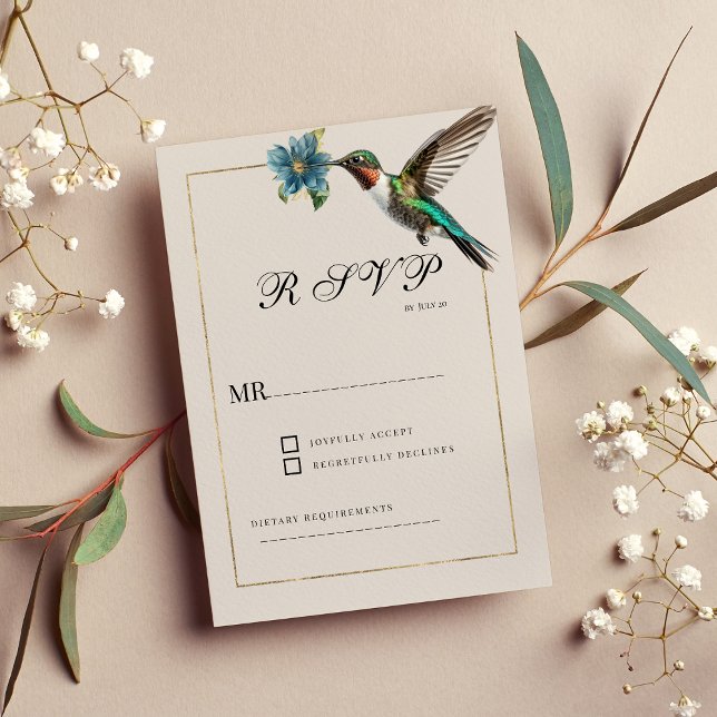 Invitation Aiguille à colibri rouge foncé et doux RSVP (Soft ashy shade gold colorful hummingbird RSVP)
