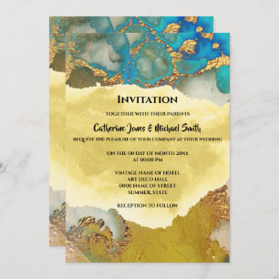 Invitation Aiguille chic géode faux or cristal bleu