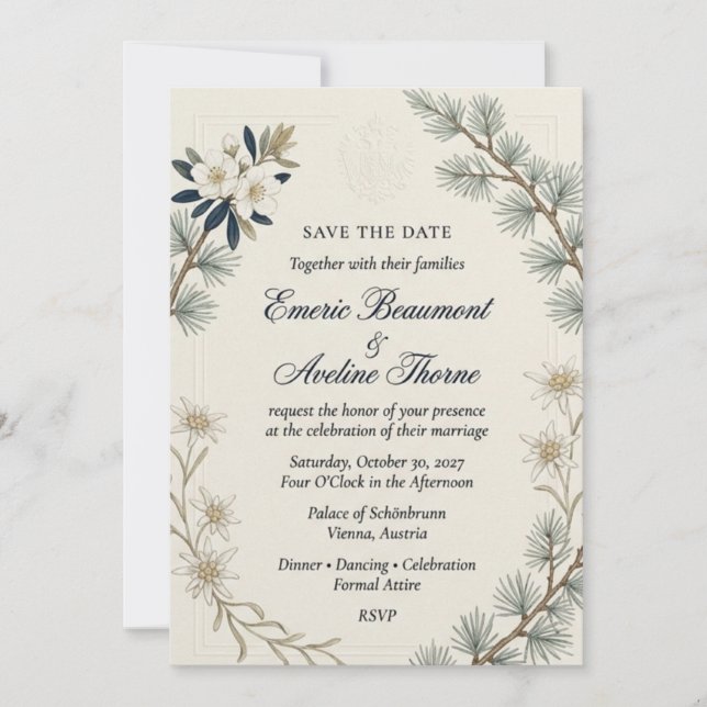 Invitation Aiguilles de pin, Edelweiss, Fleurs blanches, Gauf (Devant)
