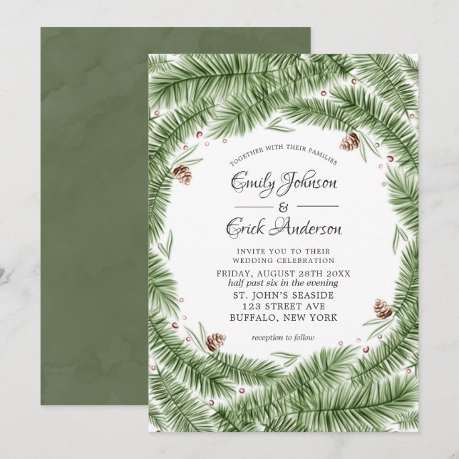 Invitation Aiguilles de pin vert Pinecones Mariage de Noël (Devant / Derrière)