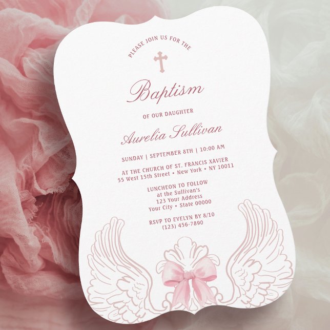 Invitation Ailes d'ange délicates Baptême rose rose (Créateur téléchargé)