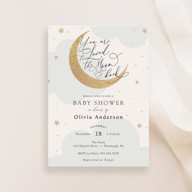 Invitation Aimé à la Lune et le Baby shower Bleu arrière (Créateur téléchargé)