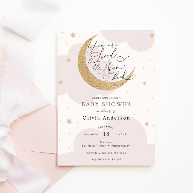 Invitation Aimé à la lune et le Baby shower rose du dos (Créateur téléchargé)