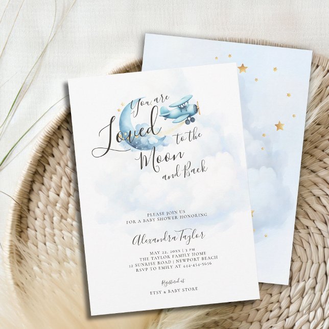 Invitation Aimé à Moon Blue Nuds Avion Baby Boy Douche (loved to the moon baby boy shower invitation airplane blue clouds gold stars watercolor cute sweet)