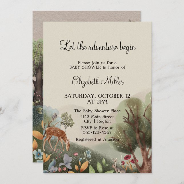 Invitation Aimer Fleurs Illustrées Arbres Cerfs Baby shower (Devant / Derrière)
