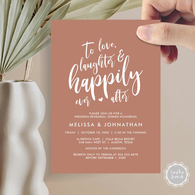 Invitation Aimer le rire et la joie toujours après (To Love Laughter and Happily Ever After, Wedding Rehearsal Dinner Invitation Card, PDF, Terracotta)