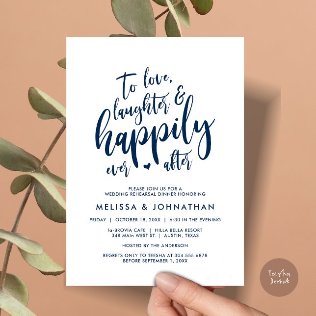 Invitation Aimer le rire et la joie toujours après (To Love Laughter and Happily Ever After, Wedding Rehearsal Dinner Invitation Card, PDF, Navy Blue)