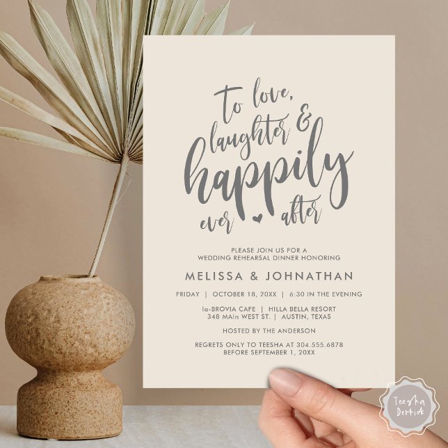 Invitation Aimer le rire et la joie toujours après (To Love Laughter and Happily Ever After, Wedding Rehearsal Dinner Invitation Card, PDF, Cream Grey)