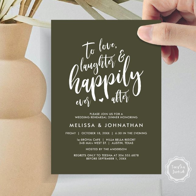 Invitation Aimer le rire et la joie toujours après (To Love Laughter and Happily Ever After, Wedding Rehearsal Dinner Invitation Card, PDF, Olive Green)