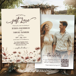 Invitation Aimez ! Boho Fleur sauvage Photo QR Code Mariage