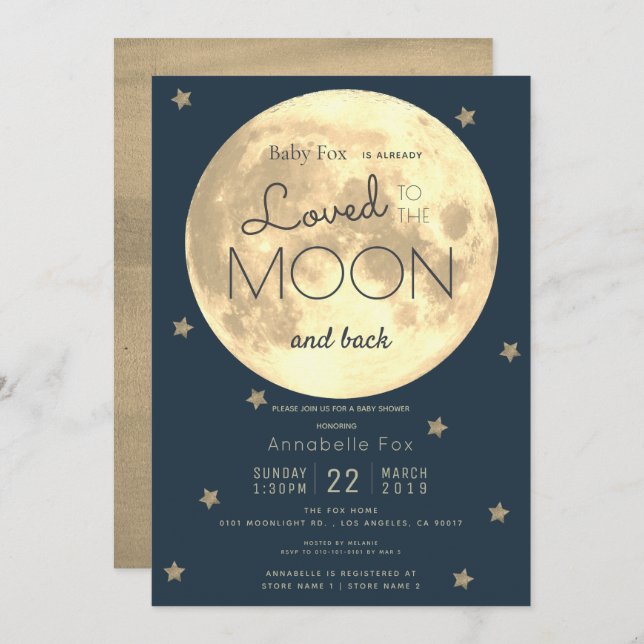 Invitation Aimez-vous au Baby shower d'or bleu de la Lune Nav (Devant / Derrière)