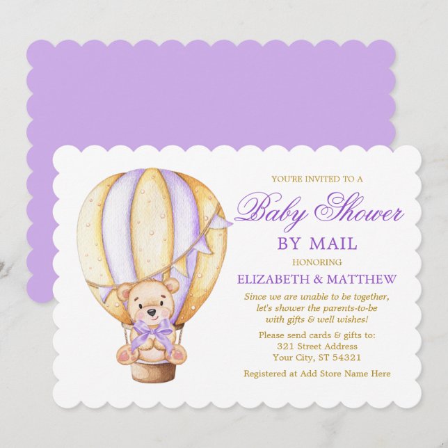 Invitation Air Bear Purple Gold Baby shower par courrier (Devant / Derrière)