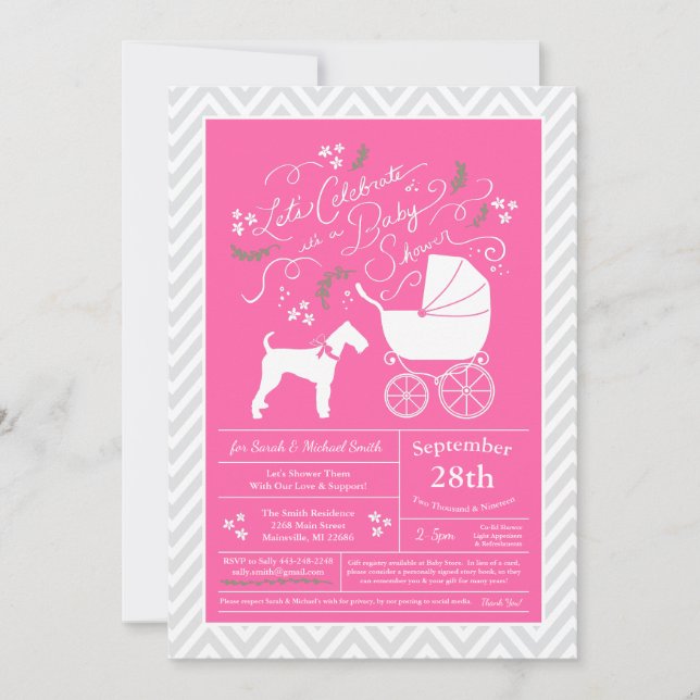 Invitation Airedale Terrier Chien Baby shower fille rose (Devant)