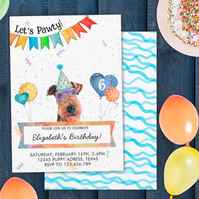 Invitation Airedale Terrier Lets Pawty Dog fête d'anniversair (Front and Back)