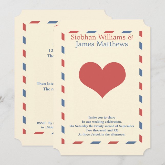 Invitation Airmail Border Love Mariage de coeur (Devant / Derrière)