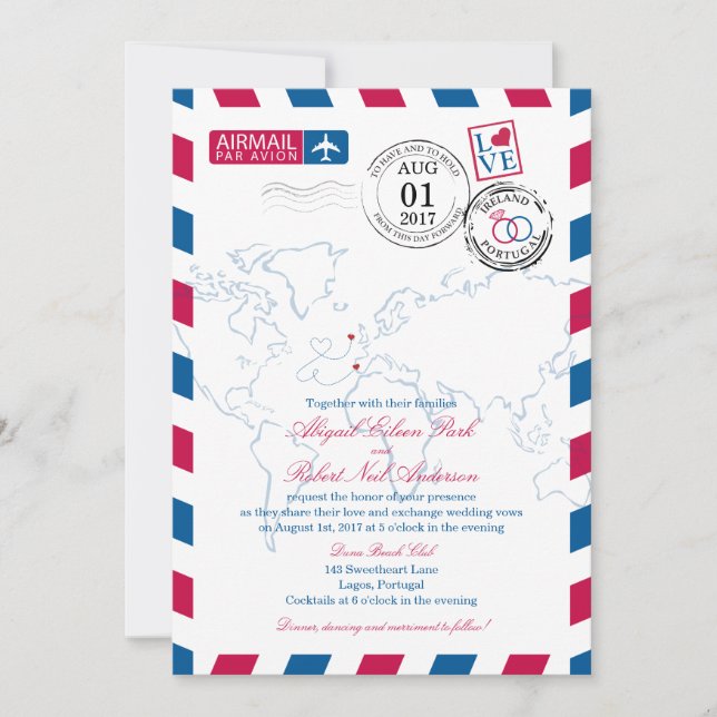 Invitation Airmail Heart Irlande et Portugal Mariage (Devant)