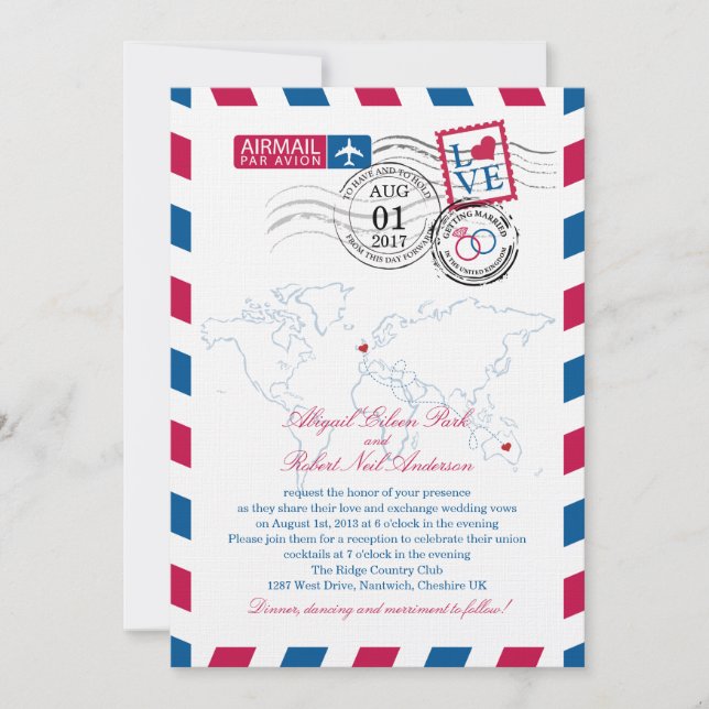 Invitation Airmail Heart UK et Austraila Mariage (Devant)