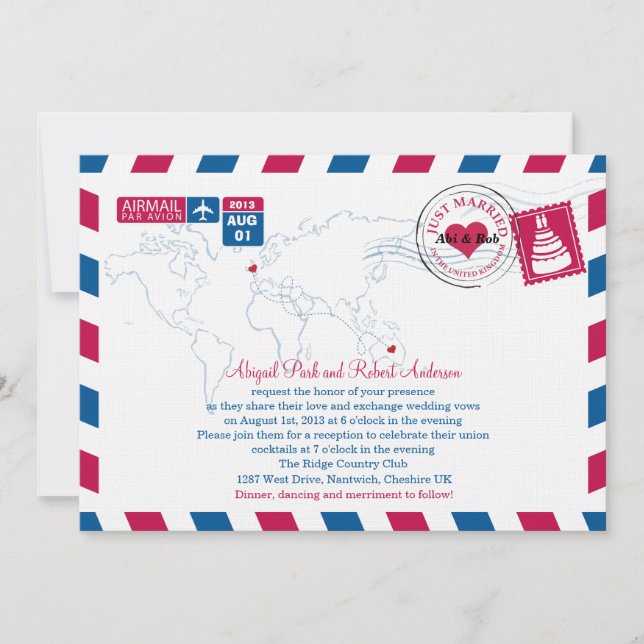 Invitation Airmail Heart UK et Austraila Mariage (Devant)