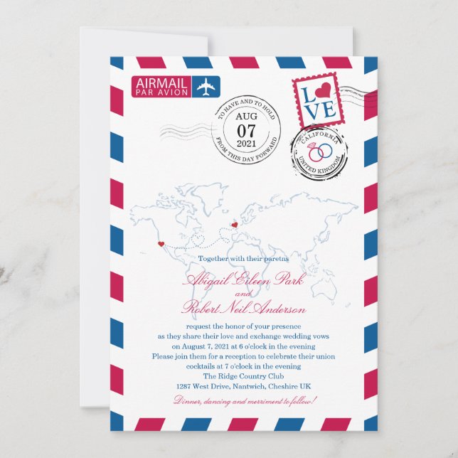 Invitation Airmail Heart UK et California USA Mariage (Devant)