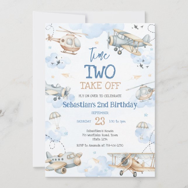 Invitation Airplane Pilot Party Time Two Take Off Birthday (Devant)