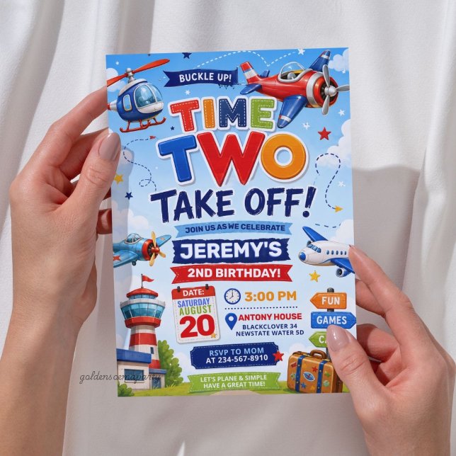 Invitation Airplane Time Two Take Off 2e Anniversaire  (Airplane Time Two Take Off 2nd Birthday Invitation
)