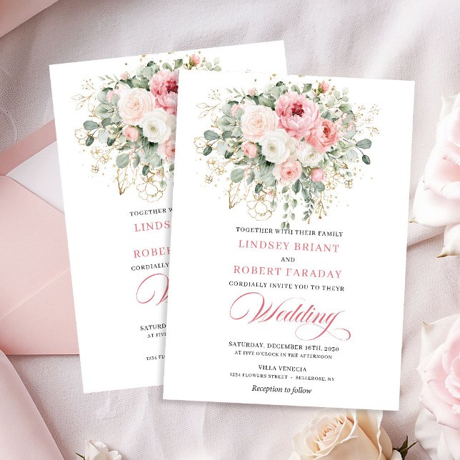 Invitation Airy Blush Roses Greenery Gold Wedding Invite (Airy Blush Roses Greenery Gold Wedding Invite)