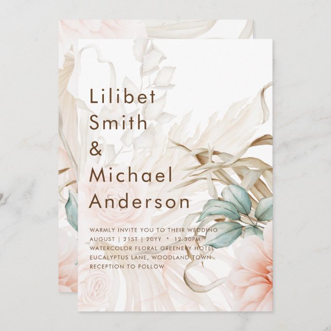 Invitation Airy BOHO Pampas Mariage de pêche légère en herbe (Devant / Derrière)