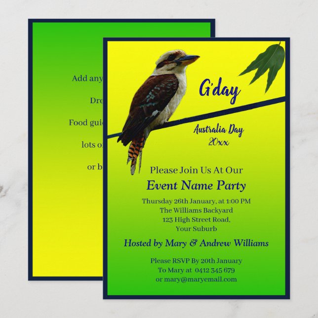 Invitation Ajouter du texte d'année, Kookaburra Fête australi (Devant / Derrière)
