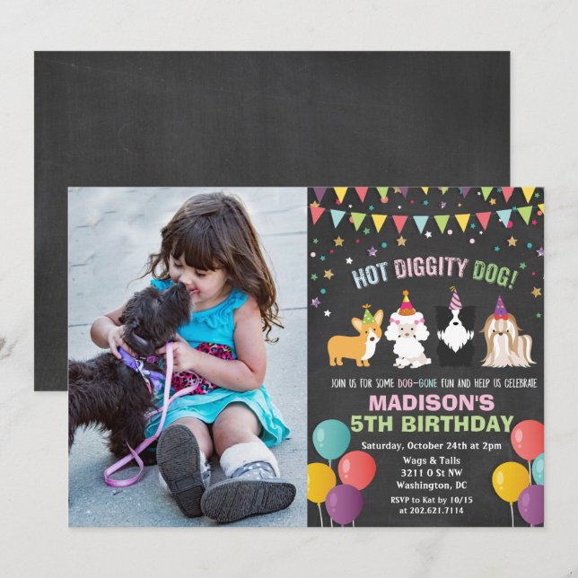 Invitation AJOUTER LA PHOTO - Chien Chiot Anniversaire Chalk  (Devant / Derrière)