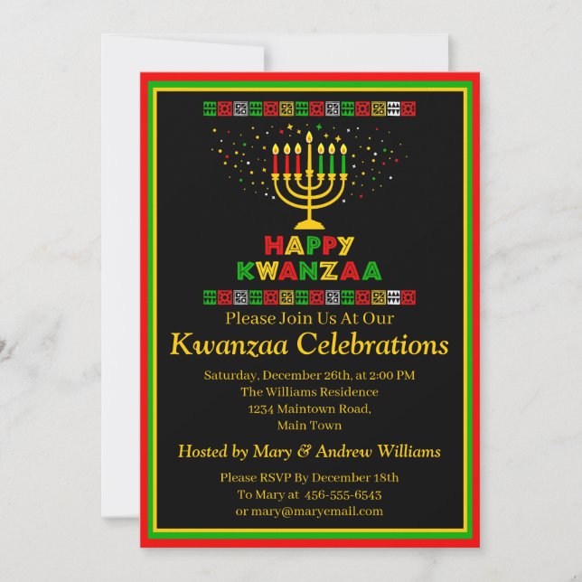 Invitation Ajouter Nom Détails Date Kwanzaa Candles Stars Par (Devant)