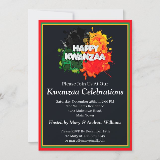 Invitation Ajouter Nom Détails Date Kwanzaa Paint Splash, Par (Devant)