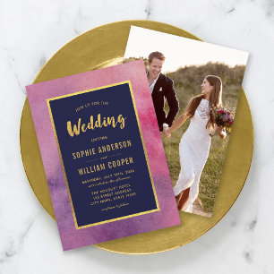 Invitation Ajouter Photo Purple Pink Aquarelle & Mariage Or