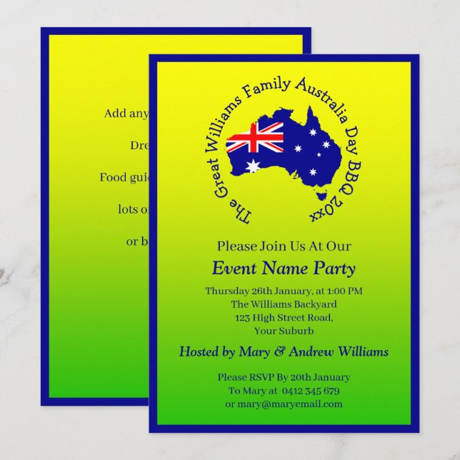 Invitation Ajouter un nom Année Date Australia Day Party Gree (Devant / Derrière)