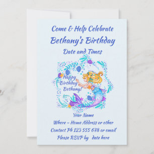 Invitation Ajouter un nom Texte Blonde Mermaid Blue Mauve Aqu