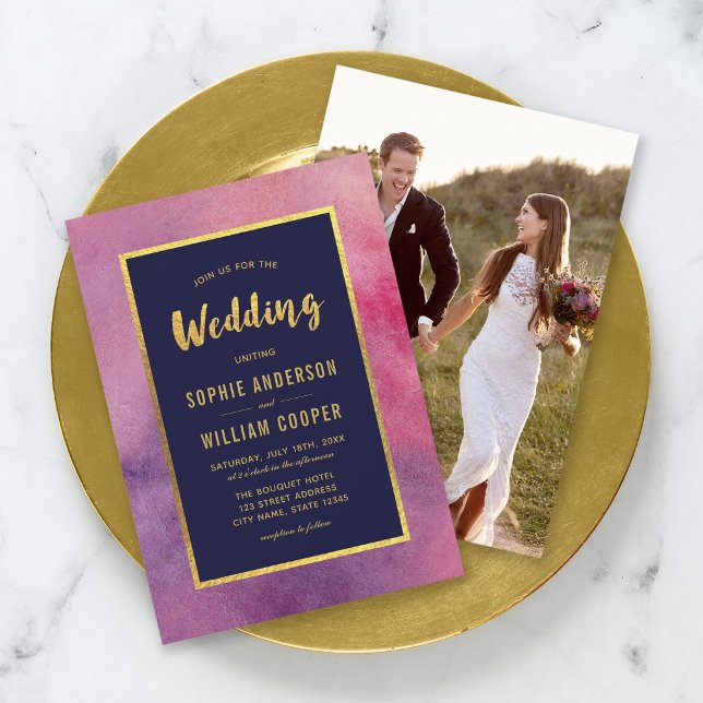 Invitation Ajouter une photo mariage aquarelle rose violet et (Créateur téléchargé)