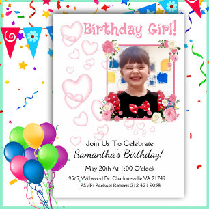 Invitation Ajouter votre photo Coeurs roses Fille Anniversair