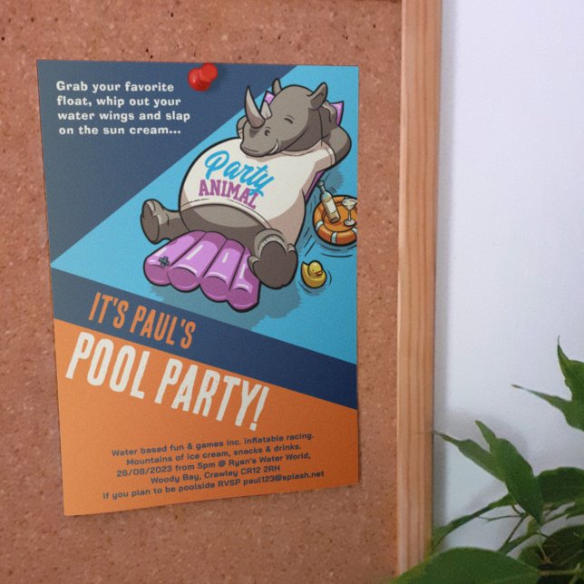 Invitation Ajoutez Votre Texte Rhino de la Fête Piscine Dessi (Créateur téléchargé)