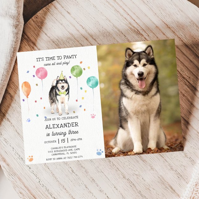 Invitation Alaskien Malamute Pawty Puppy Anniversaire rose Ph (Créateur téléchargé)