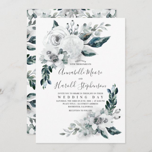 Invitation Albâtre Floral verdure | Mariage aquarelle (Devant / Derrière)