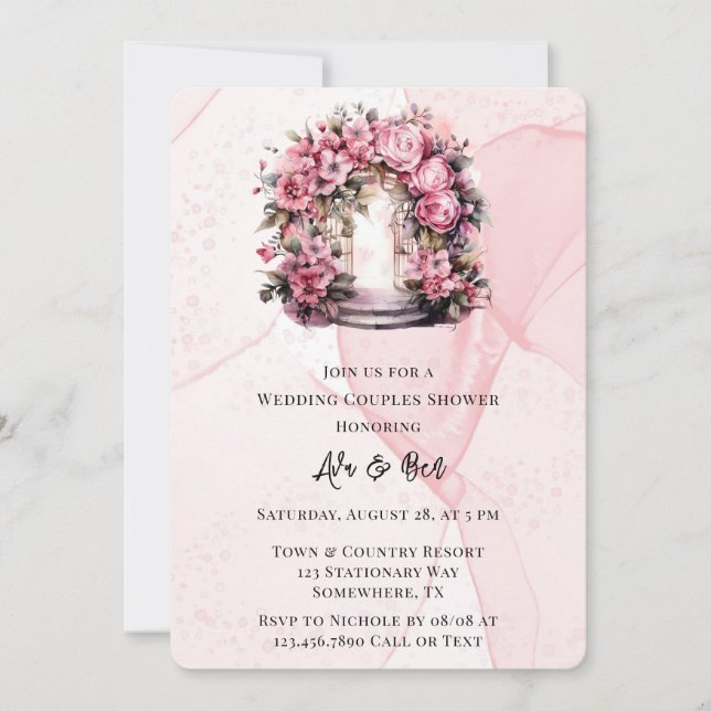 Invitation Alcool rose Arc Floral Mariage Couples Douche (Devant)