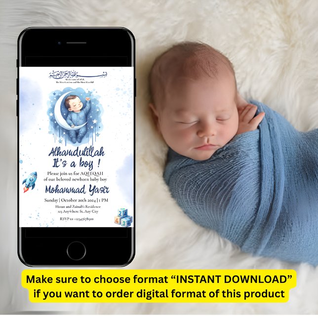 Invitation Alhamdulillah c'est un garçon bleu aqeeqah musulma (Créateur téléchargé)