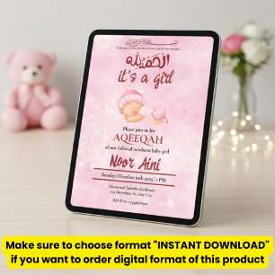 Invitation Alhamdulillah rose aqeeqah bébé fille musulmane