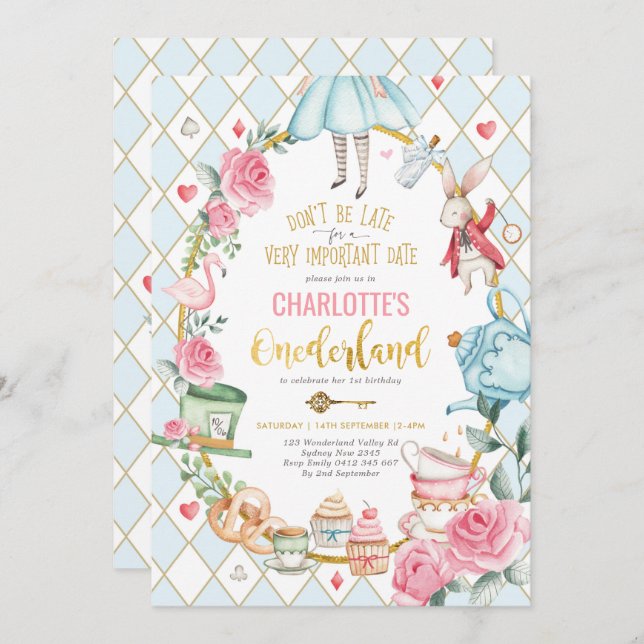 Invitation Alice au pays des merveilles 1er anniversaire Fête (Devant / Derrière)