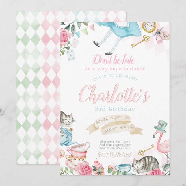 Invitation Alice au pays des merveilles Anniversaire (Devant / Derrière)