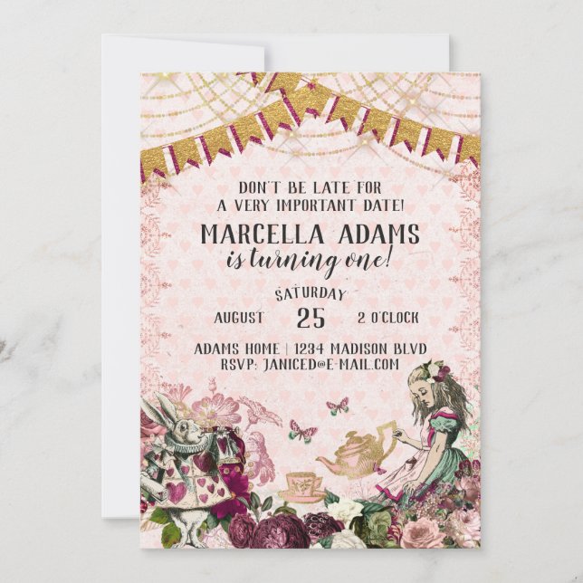 Invitation Alice au pays des merveilles Anniversaire (Devant)