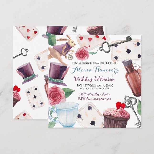 Invitation Alice au pays des merveilles Aquarelle Peint à la  (Devant / Derrière)